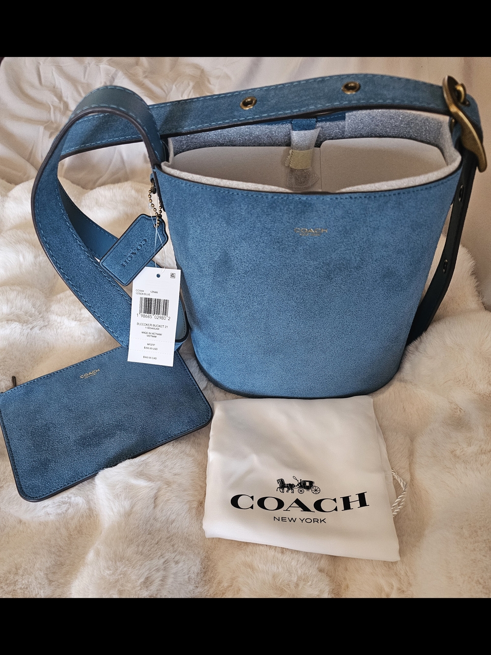 Coach Blue Suede Bleeker 21 Bucket Bag with Wristlet